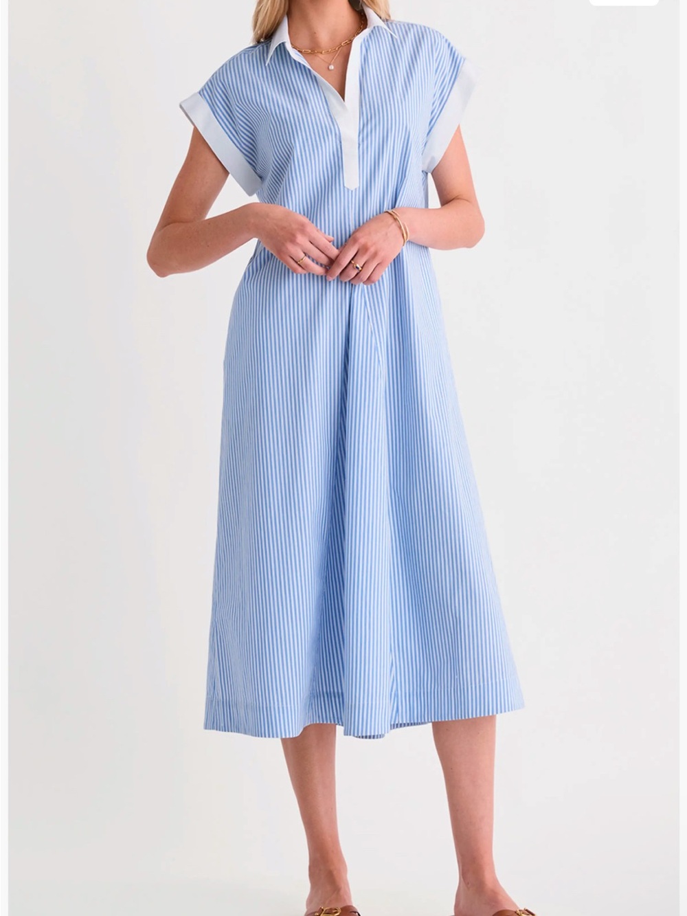 Light Blue Stripe Collared Midi Dress